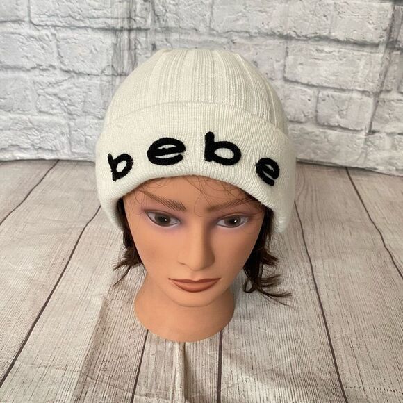 Bebe women OS Winter beanie and scarf white w/black writing main image 9